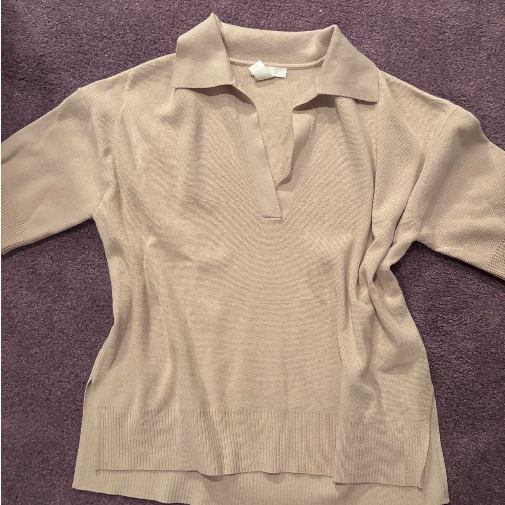 Beige Collared Knit Top
